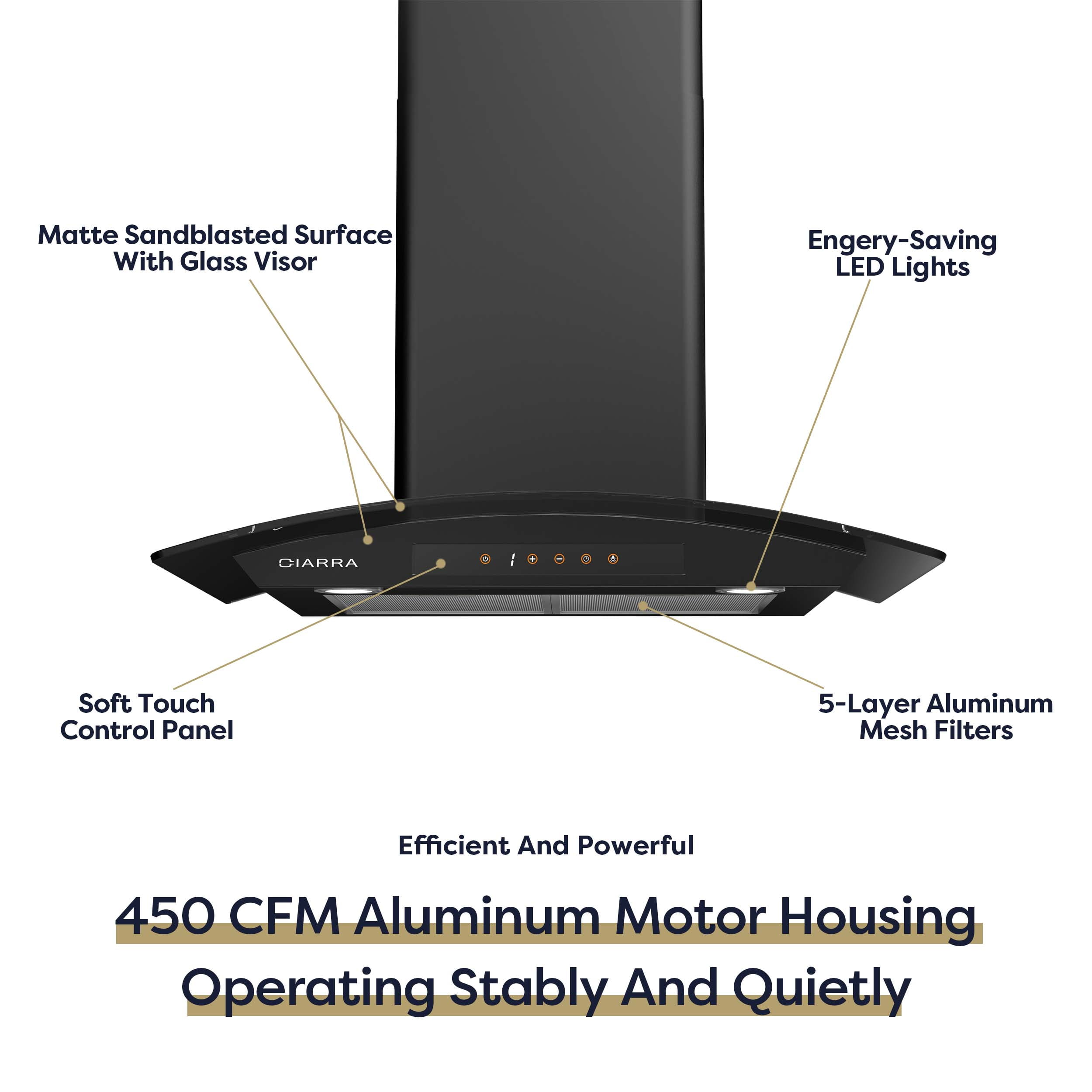 CIARRA Wall Mount Range Hood 30 inch Tempered Glass Black Vent Hood with Carbon Filter Kit for Recirculating CAB50275-003