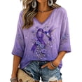 thumbnail image 2 of Women Purple Ribbon Hummingbird Print V Neck 3/4 Sleeve T-Shirt Alzheimer Awareness Floral Casual Loose Fit Blouses, 2 of 4