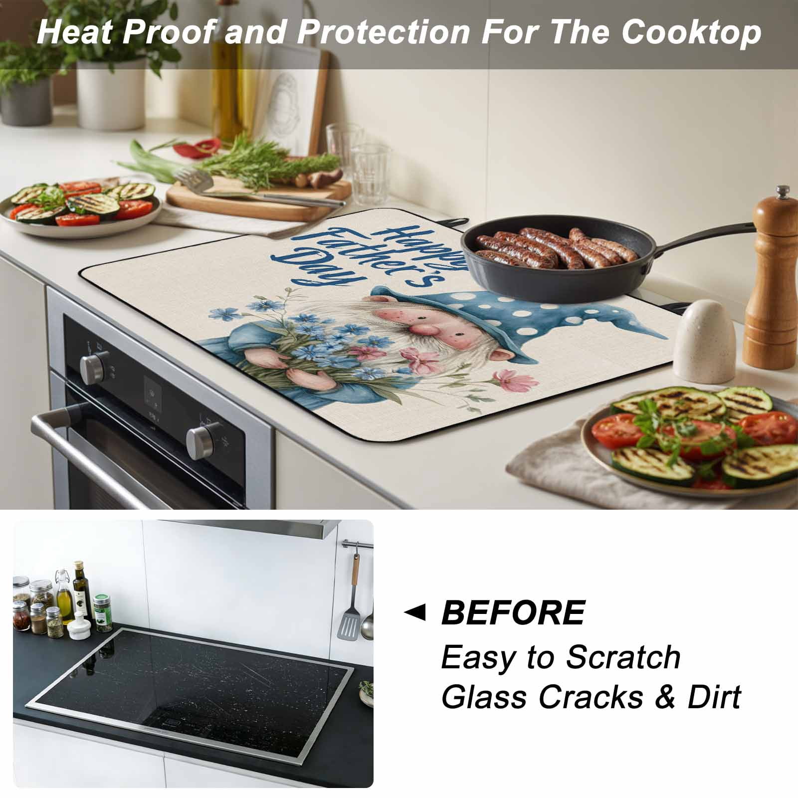 Happy Father's Day Stove Top Cover for Electric Stove, Heat-proof & Non Slip Glass Top Stove Cover Protector, Blue Gnomes Floral Linen Kitchen Flat Cooktop Rubber Mat 24x21 Inches