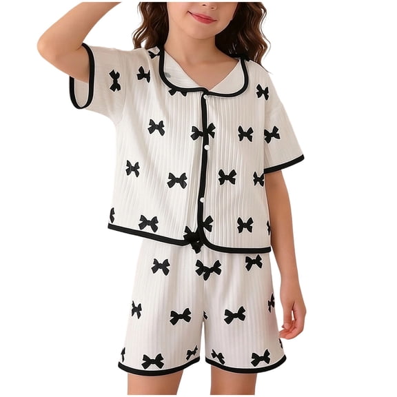 Virmaxy Bow Print Ice Silk Short Sleeve Pajama Set Summer Turn Down Collar Top with Elastic Waist Shorts Home Wear for Sleep and Lounge 3-11Y