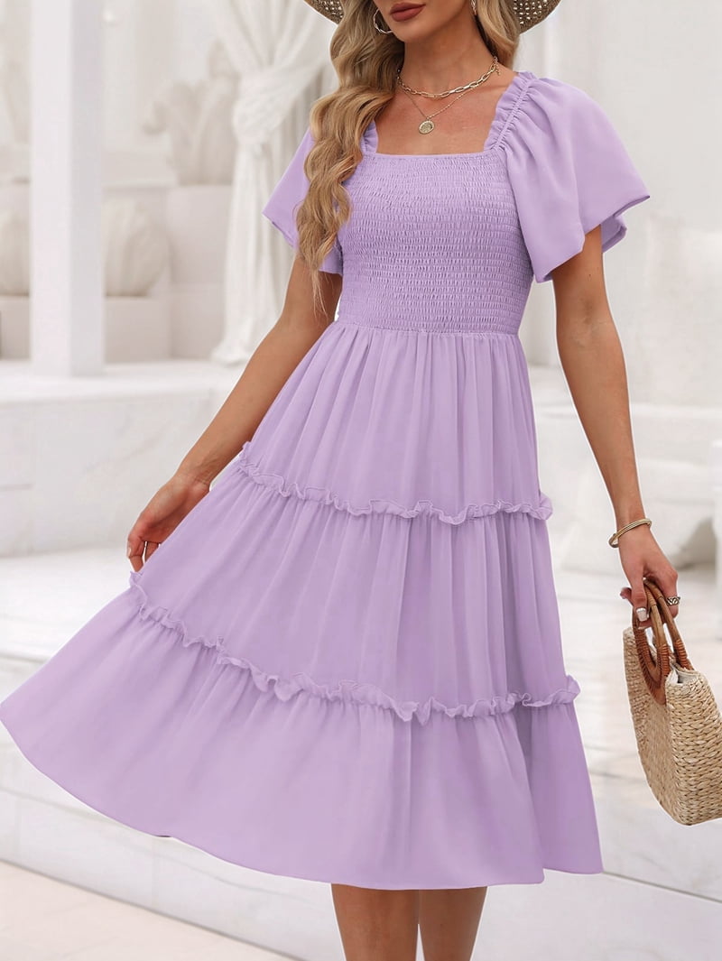Women'S Summer Casual Flutter Sleeve Square Neck Smocked Midi Dress Light Purple XL