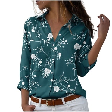 CEHVOM Fashion Women's Long Sleeve Turndown Collar Round-Neck Button Casual Elastic Comfy Blouse Shirts Clearance