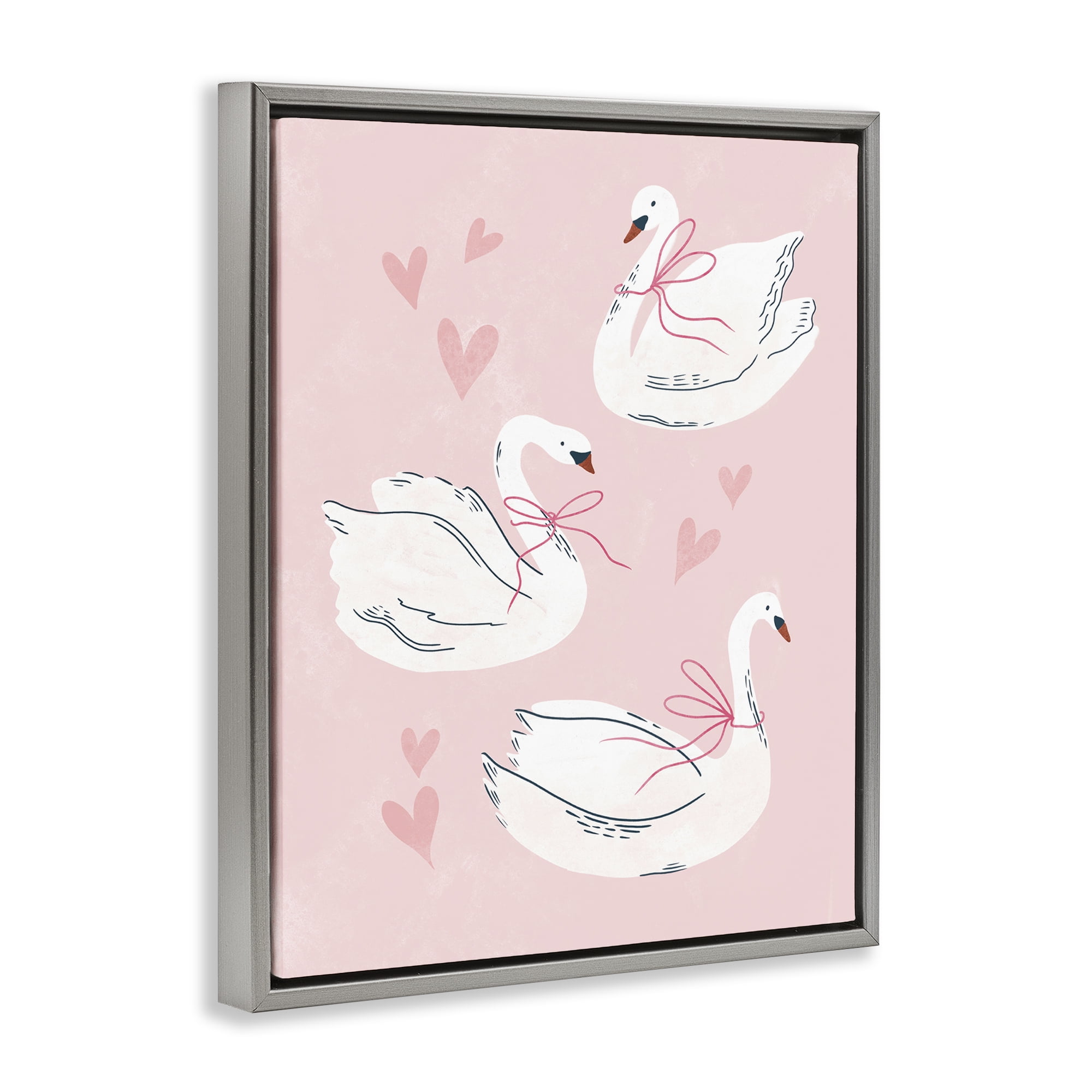 Stupell Industries Pastel Ribbons on Swans Animals Painting Gray Floater Framed Canvas Art Print Wall Art, 25 x 31