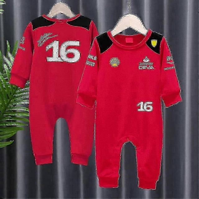 2025 Tib 2023 Spring And Autumn New Baby Boys And Girls F1 Racing Outdoor Extreme Sport Red Team 16 55 Driver Bodysuit Baby One Piece szfh