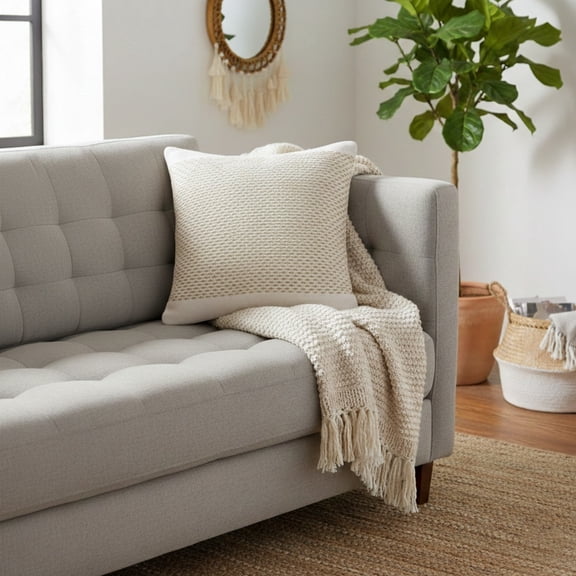 Laddha Home Designs Handcrafted Striped Block Throw Pillow Cover - 20" - Beige and White