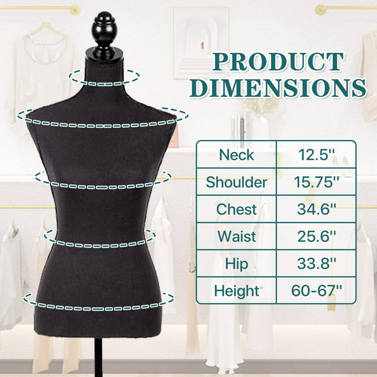 Female Mannequin Torso Dress Form Manikin Body with Wooden Tripod Base Stand Adjustable 60-67 inch for Sewing Dressmakers Dress Jewelry Display,Black