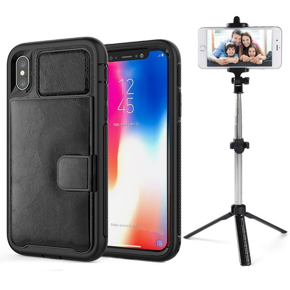 BUNDLE: Kona Vegan Leather Folio Wallet Case (Black) & Selfie Stick Mini Tripod (Black) for Apple iPhone XS / X - Kickstand, Card Slots, Car Mount Compatible, Magnetic Closure