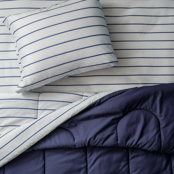 Dawn All-U-Need Bed-in-a-Bag Comforter Set, Twin/Twin XL, 3-Piece Bedding Bundle with Reversible Comforter, Fitted Sheet and Pillowcase(s), Navy & Stripe, Velvety Soft Microfiber