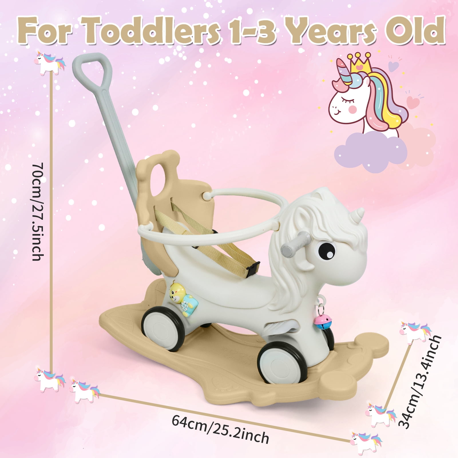 Wdmiya 4 in 1 Rocking Horse for Toddlers 1-3 Years Old, Baby Unicorn Rocking Toy Birthday Gift for Boy and Girl, Ride on Toy with Detachable Balance Board，Balance Bike with Push Handle, Khaki