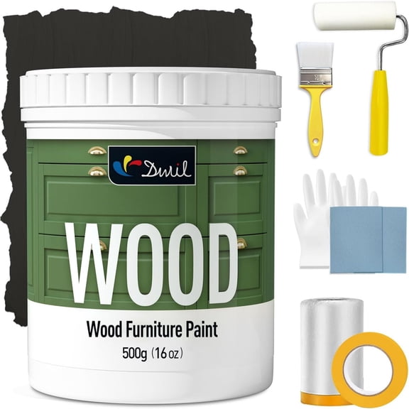 DWIL Matte Finish Furniture Paint - 16 Oz Wood Paint for Cabinets, Doors, Tables, and Dressers Refinishing - Water-Based, Non-Toxic & Odorless, Easy to Apply(Black)-With Tools