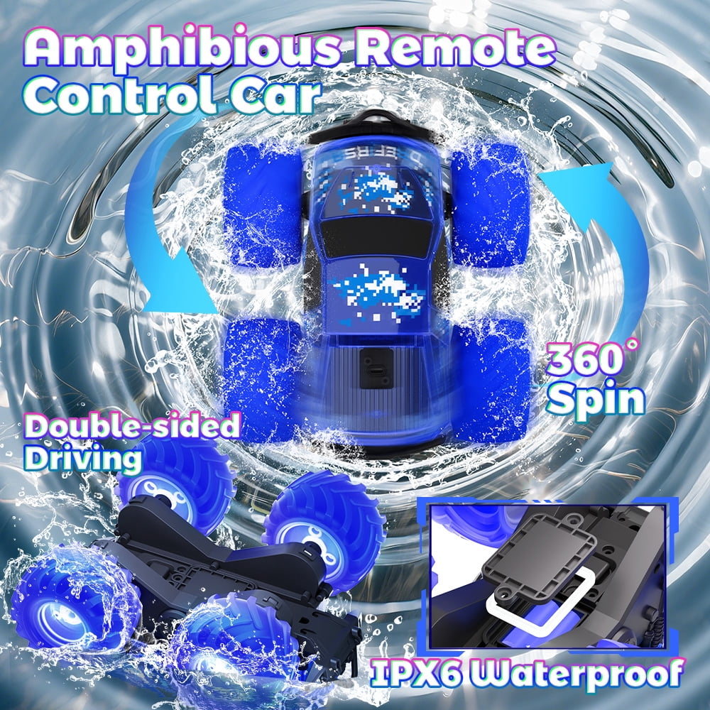 Drefirsa Amphibious Remote Control Monster Truck, Remote Control Car with Colorful Light  and Stunt
