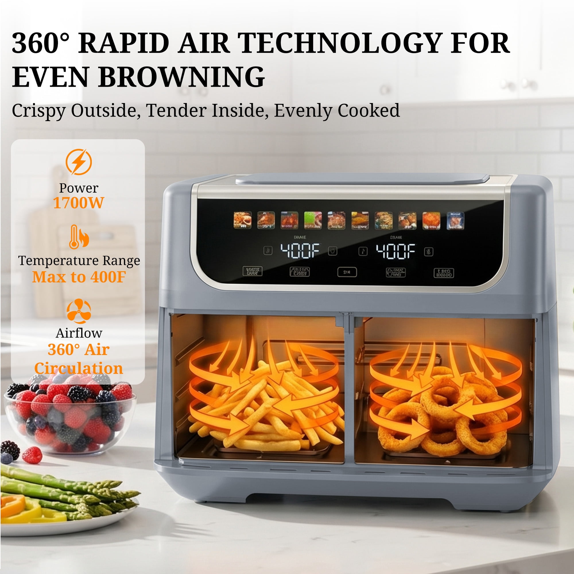 Atilioo Dual Basket Air Fryer, 9.5QT Fast Meal 10 Presets Cooker with 2 Independent 4.75Qt Basket & Sync Setting, Digital Touchcreen, Gray