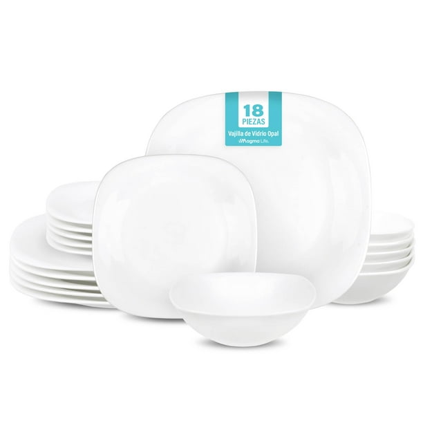 MAGMA LIFE Vajilla de Vidrio Opal 6 personas (18 Pzs), Juego de Platos de Ultra Alta Resistencia