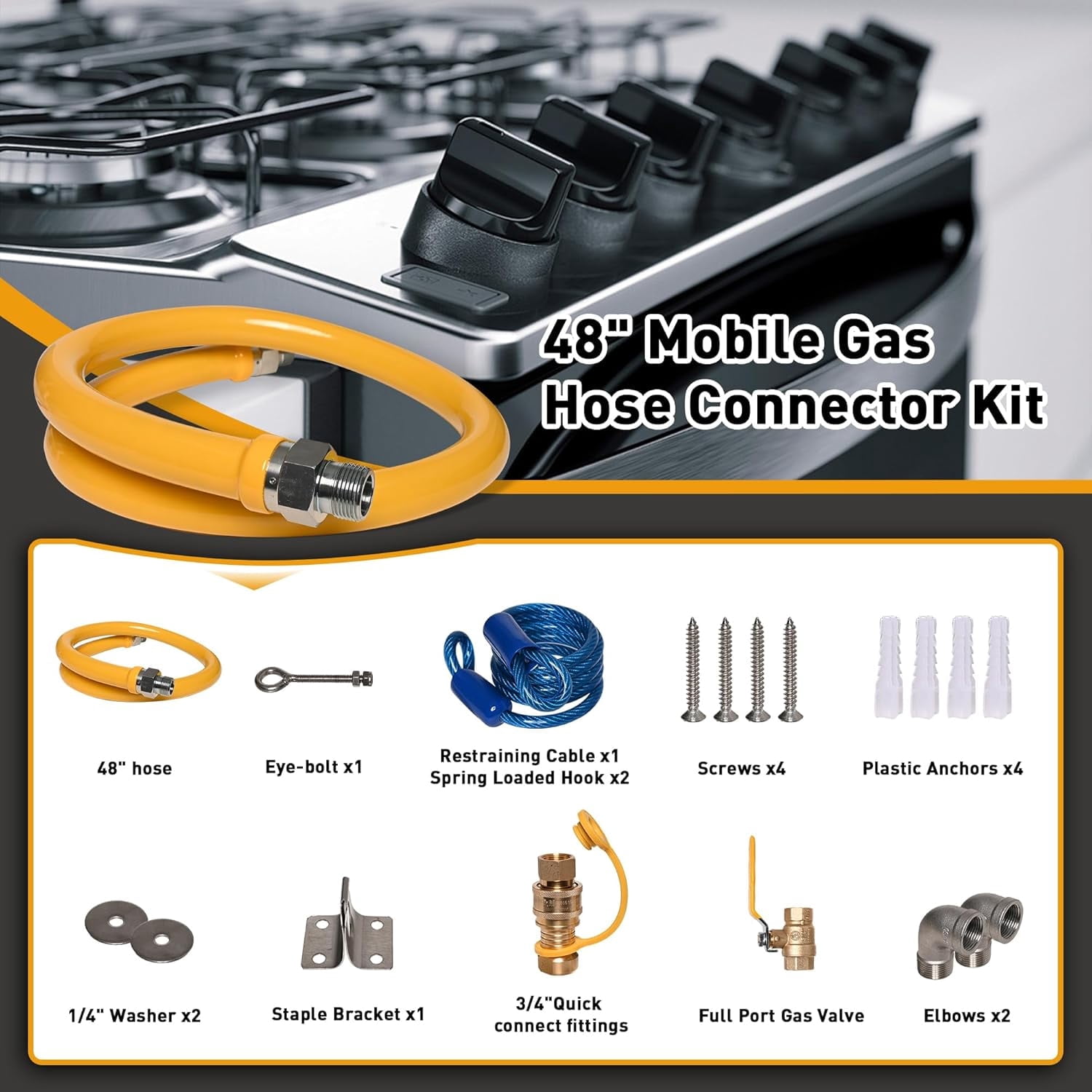 48in Commercial Kitchen Gas line Hose, 1675kit48 Safety System Kit, 3/4" Natural Gas Line Hose