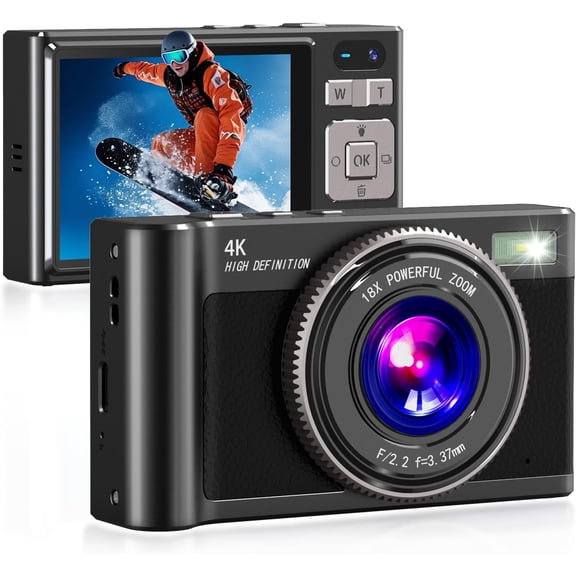 Digital Camera,4K Camara de Fotos with 64GB Card,18X Zoom Anti-Shake Video,Vintage Camera for Camping Traveling Vlogging &Teen Parties,Portable for Kids Girls Boys Gifts