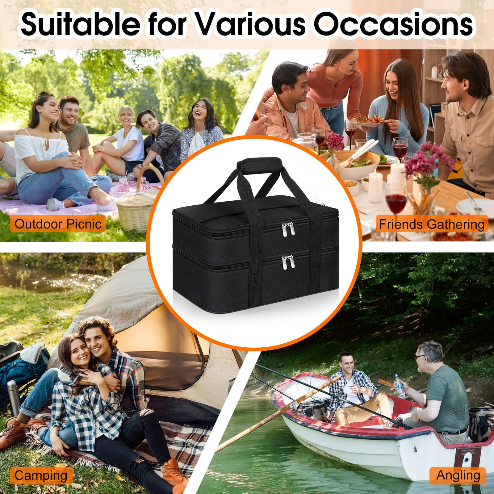 Double Insulated Casserole Carrier - Portable Hot & Cold Food Lunch Tote, Lasagna Carrier for Potluck Parties, Fits 9" x 13" Baking Dish, Black