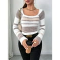 thumbnail image 4 of Women'S Pullover Striped Knit Square Neck Sweater Color Block Long Sleeve Cute Trendy Fuzzy Sweaters Brown XS, 4 of 10