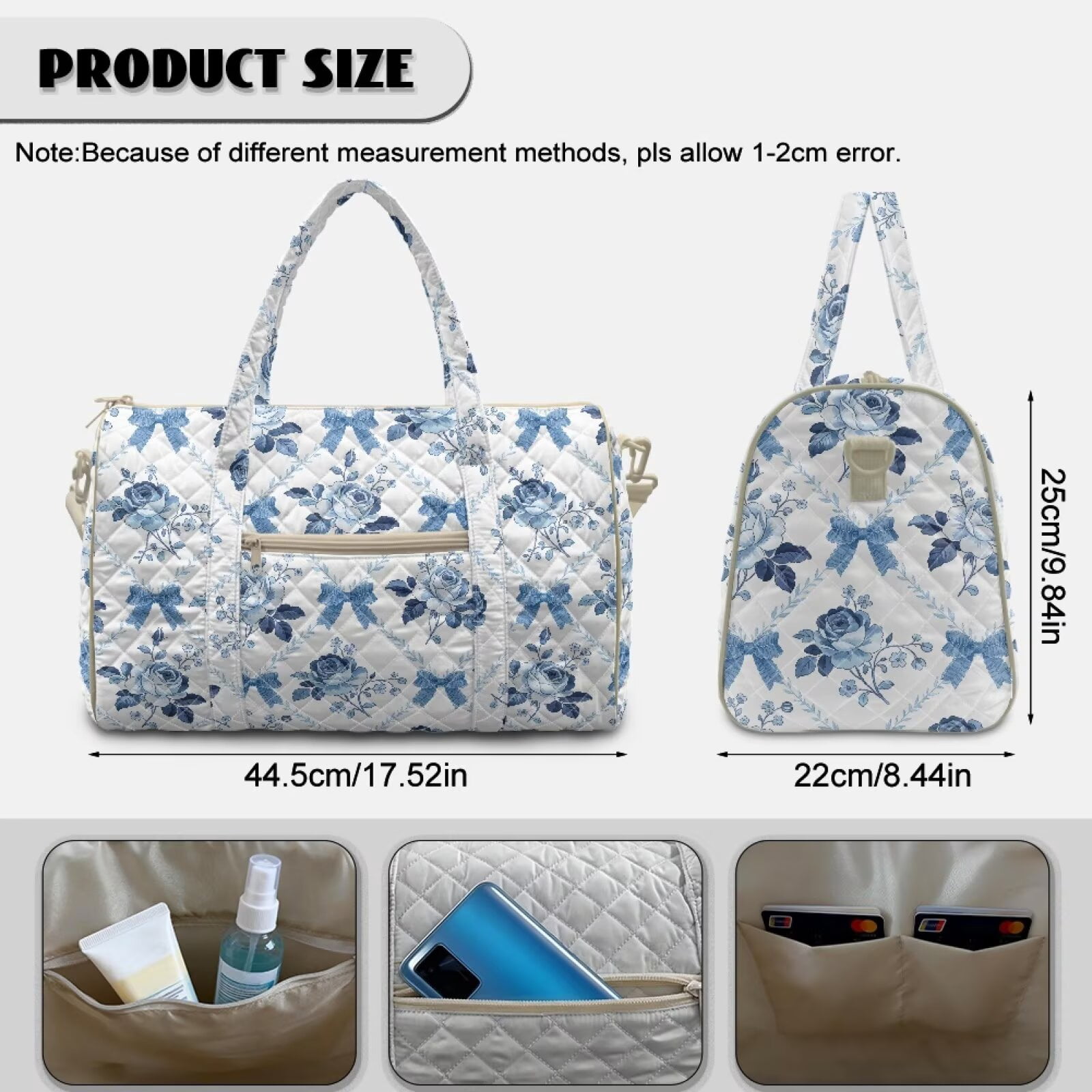 Xixirimido Travel Duffle Bag Weekender Overnight Hospital Bags for Women Lightweight Carry-on Gym Bag for Travel, Airplanes, Sports, Blue Roses Bows