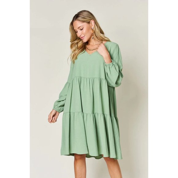 Je Suis un JUNKY de Mode à Double Prise, Robe à Manches Ballon Col en V Pleine Grandeur avec Poches (Vert Clair, G)