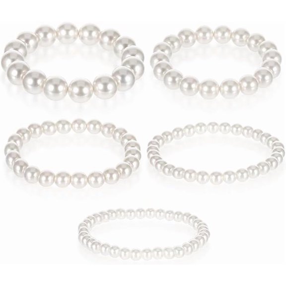 Xukmct 5 PCS Elastic White Pearl Bracelet Stretch Wedding Stackable Faux Pearl Bracelets for Women