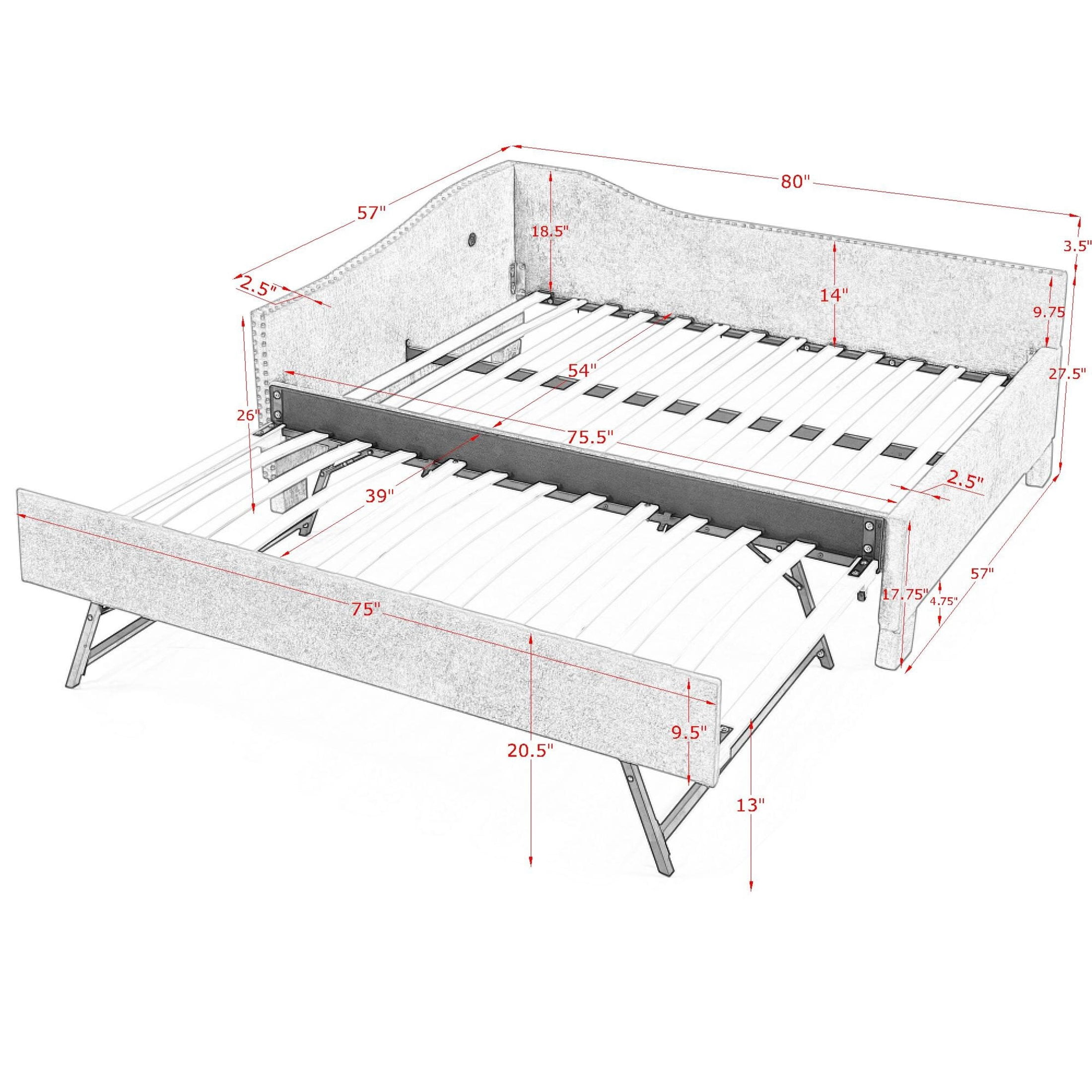 Noble House Phineas Full Size Chenille Padded Daybed, Sofa Bed Frame with Twin Trundle and Charging Port, Beige