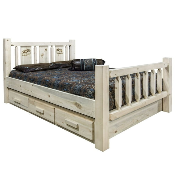 Homestead Collection Queen Storage Bed w/ Laser Engraved Moose Design, Ready to Finish