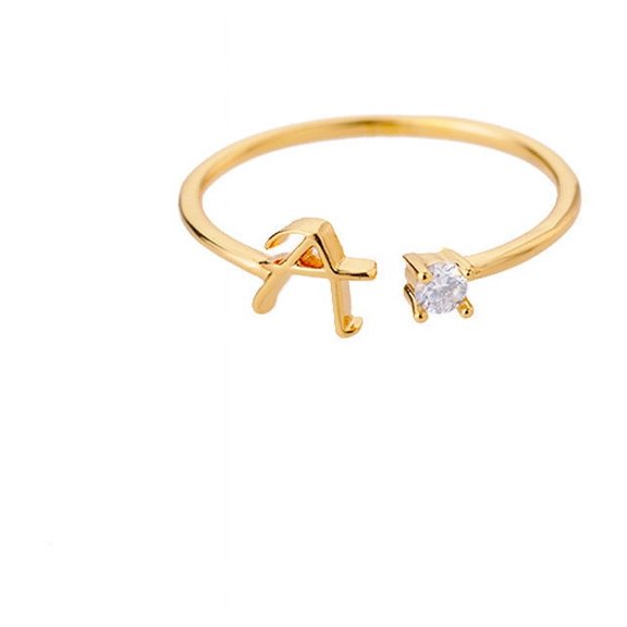Gold Plated Initial Ring Copper Open Design A to Z Letter Jewelry for Women Diamond Cut Accent Fashion Jewelry
