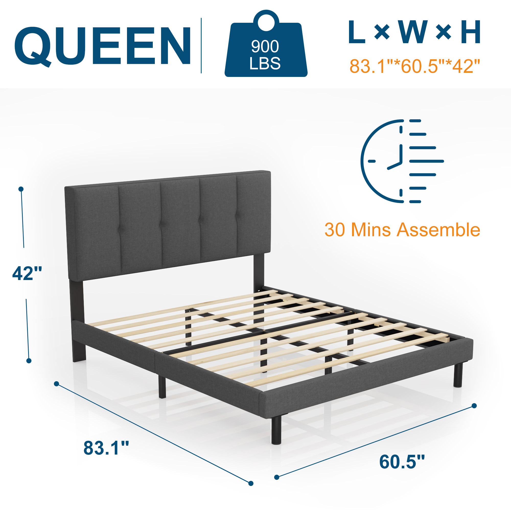 Queen bed, HAIIDE Queen Size Platform Bed Frame with Fabric Upholstered Headboard, No Box Spring Needed, Dark Grey - image 4 of 7