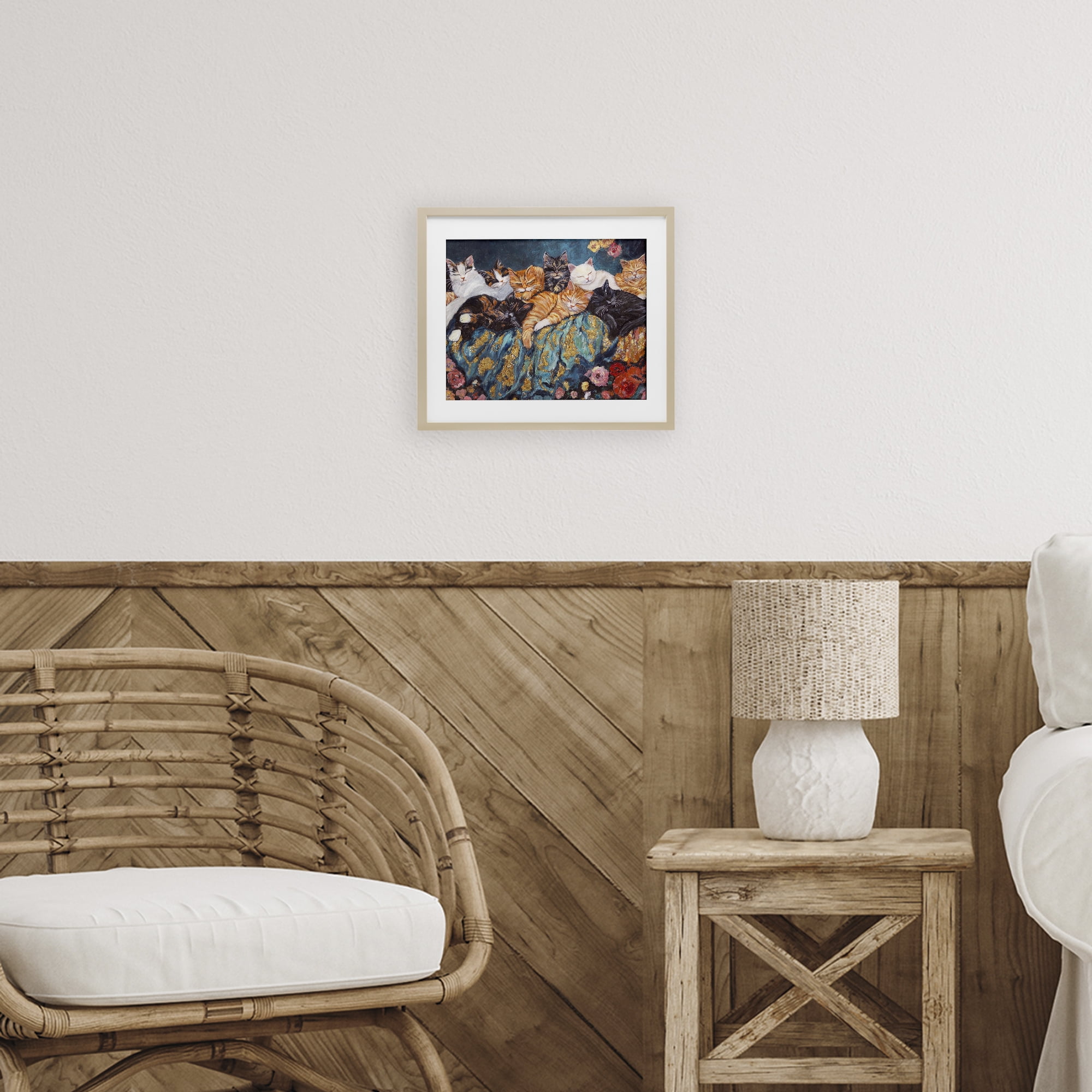 Sleepy Kitty Crowd with Flowers Birch Framed Print Under Glass, design by Sara Culpepper