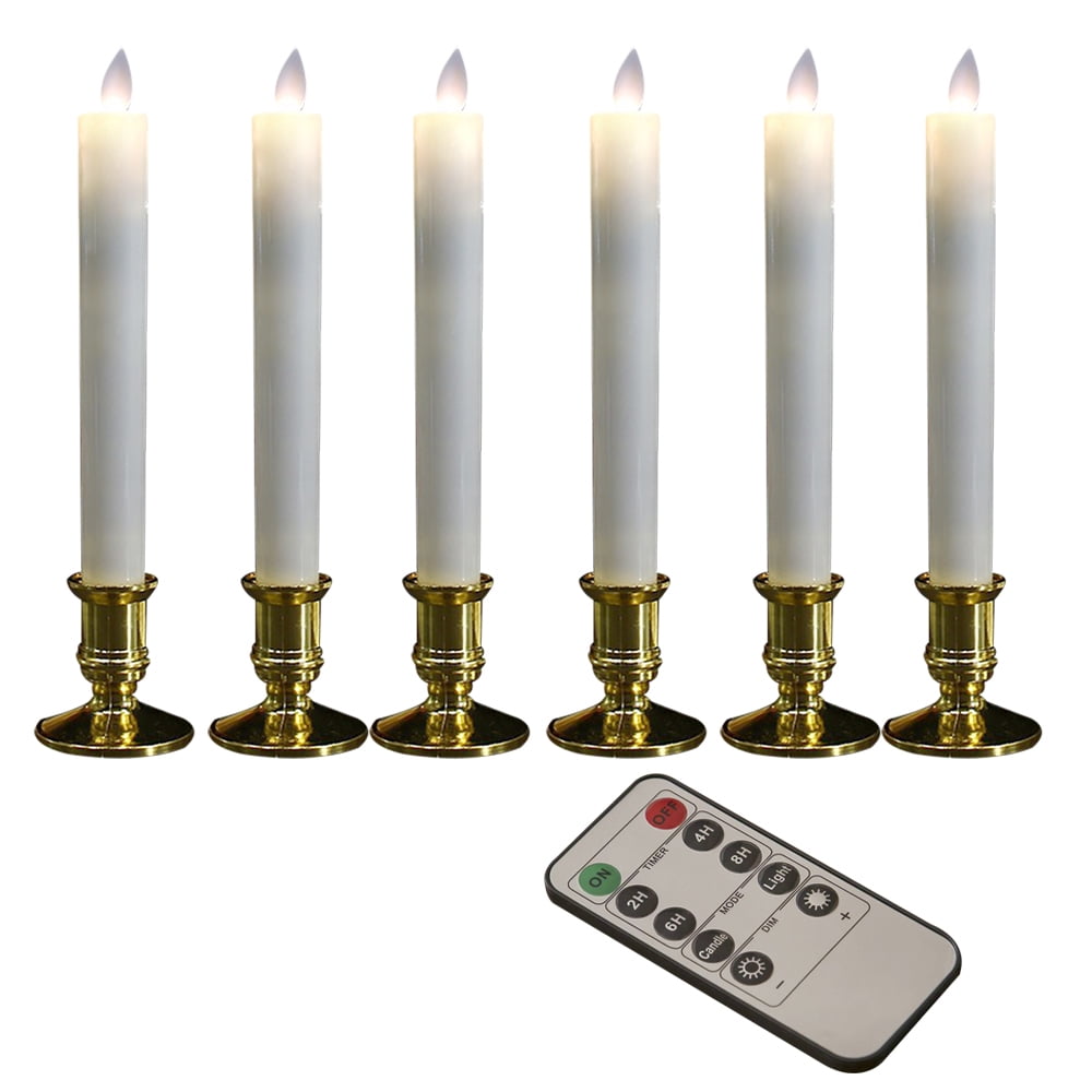 Window Candles for Christmas Decorations Deaunbr Battery Operated 6 Pack Candles LED Lights Electric Taper Flameless Candle with 2 Remote,Timers,6 Holders for Windows Home Party Decor White & Gold 