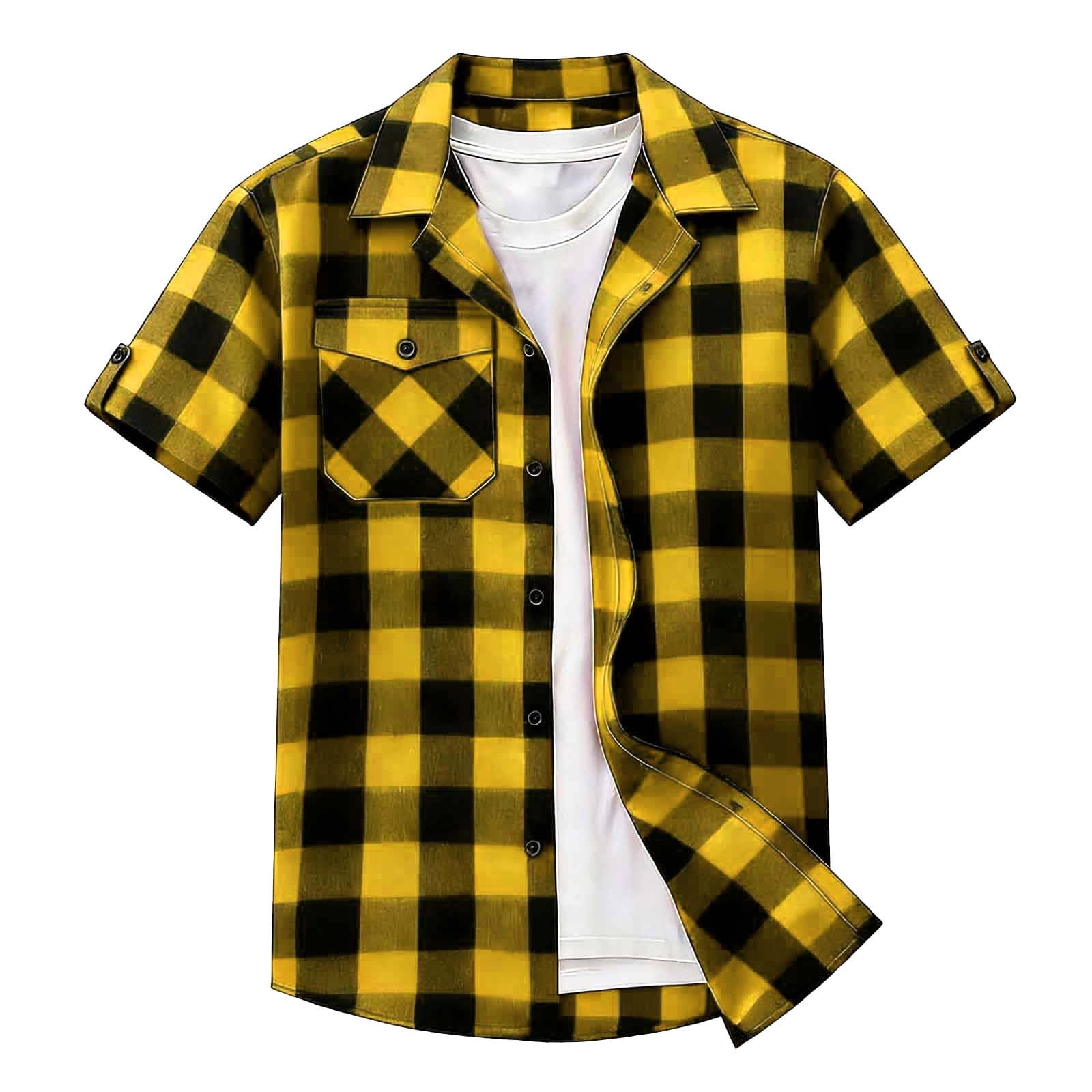 Homenesgenics Mens T Shirts Short-Sleeve Collared Button-Down Checkered Shirt/Top Yellow XXXL