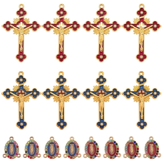 1 Box 24Pcs Crucifix Charms Rosary Charms Enamel Rhinestone Mini Rosary Crosses with Chandelier Component Links Easter Pendants
