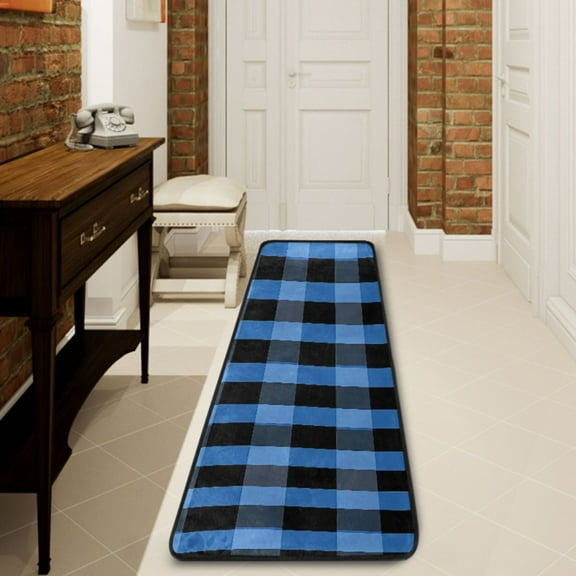 Ryvnso Blue Checkered Grid Pattern Hallway Runner Rugs Floor Carpet Non Slip Entryway Mat 2' x 6'