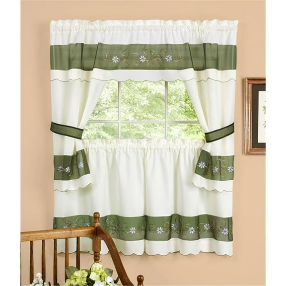 Achim Home Furnishing Berkshire Window Kitchen Curtains 3-Piece Embellished Cottage Set - 58" (W) x 36" (L) Complete Set, Green