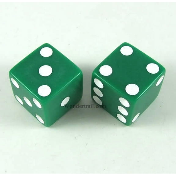 Green Opaque Dice with White Pips D6 25mm (1in) Pack of 2 Koplow Games