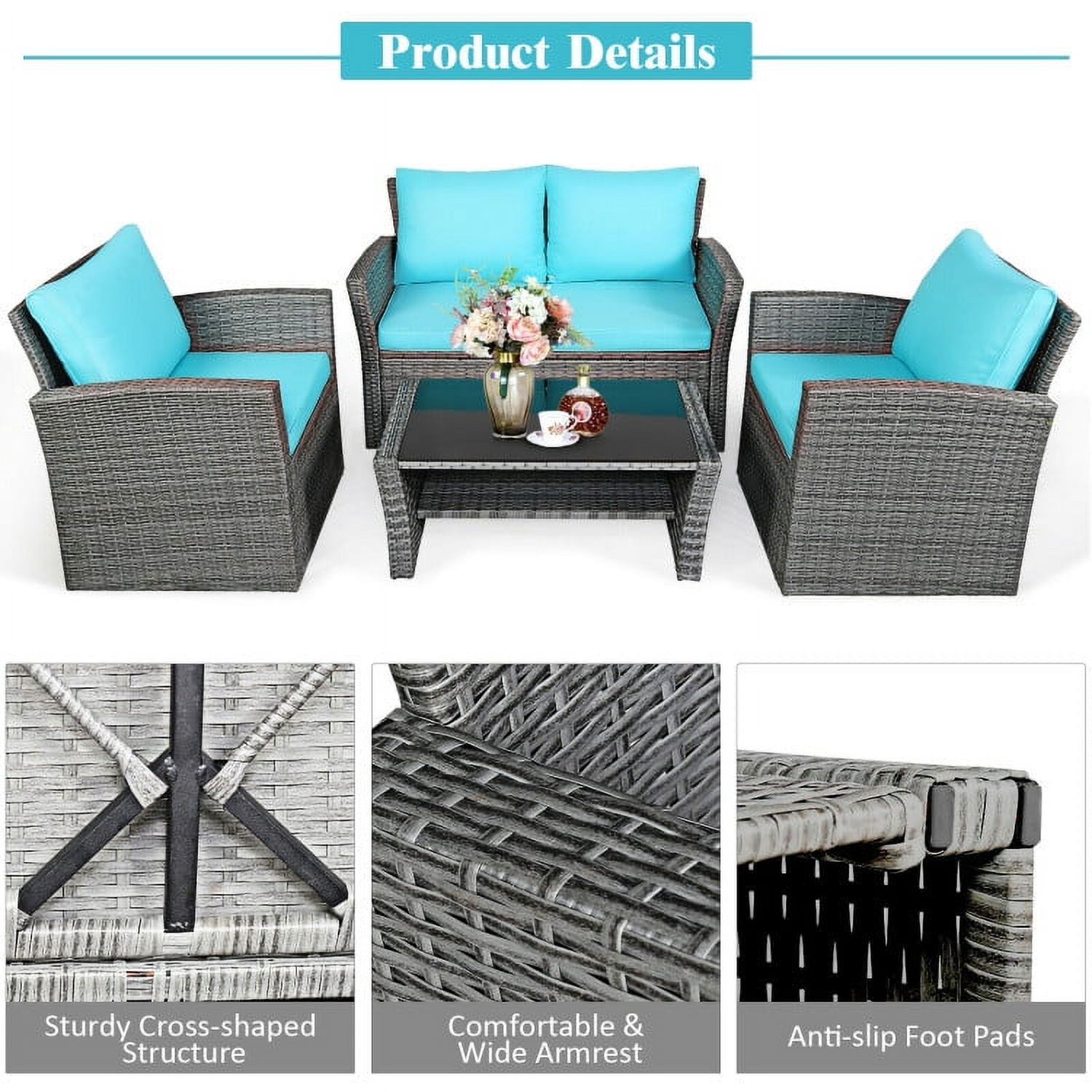 Aimee Lii 4 Pieces Wicker Patio Furniture Set Sofa Table with Storage Shelf Cushion, Modern Patio Furniture, Turquoise Aimee Lii 4 Pieces Wicker Patio Furniture Set Sofa Table with Storage Shelf Cushion, Modern Patio Furniture, Turquoise