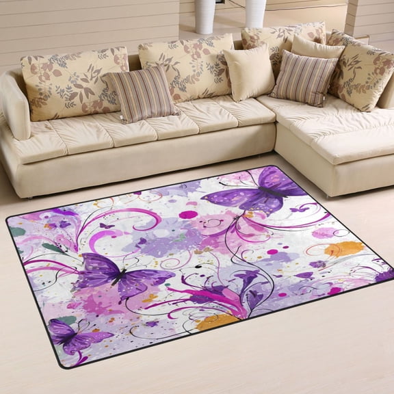 Non-Slip Area Rug 31"x20" Indoor Washable Floor Mats Carpet Printed for Living Room, Bedroom, Home Decor Purple Butterfly with Swirls
