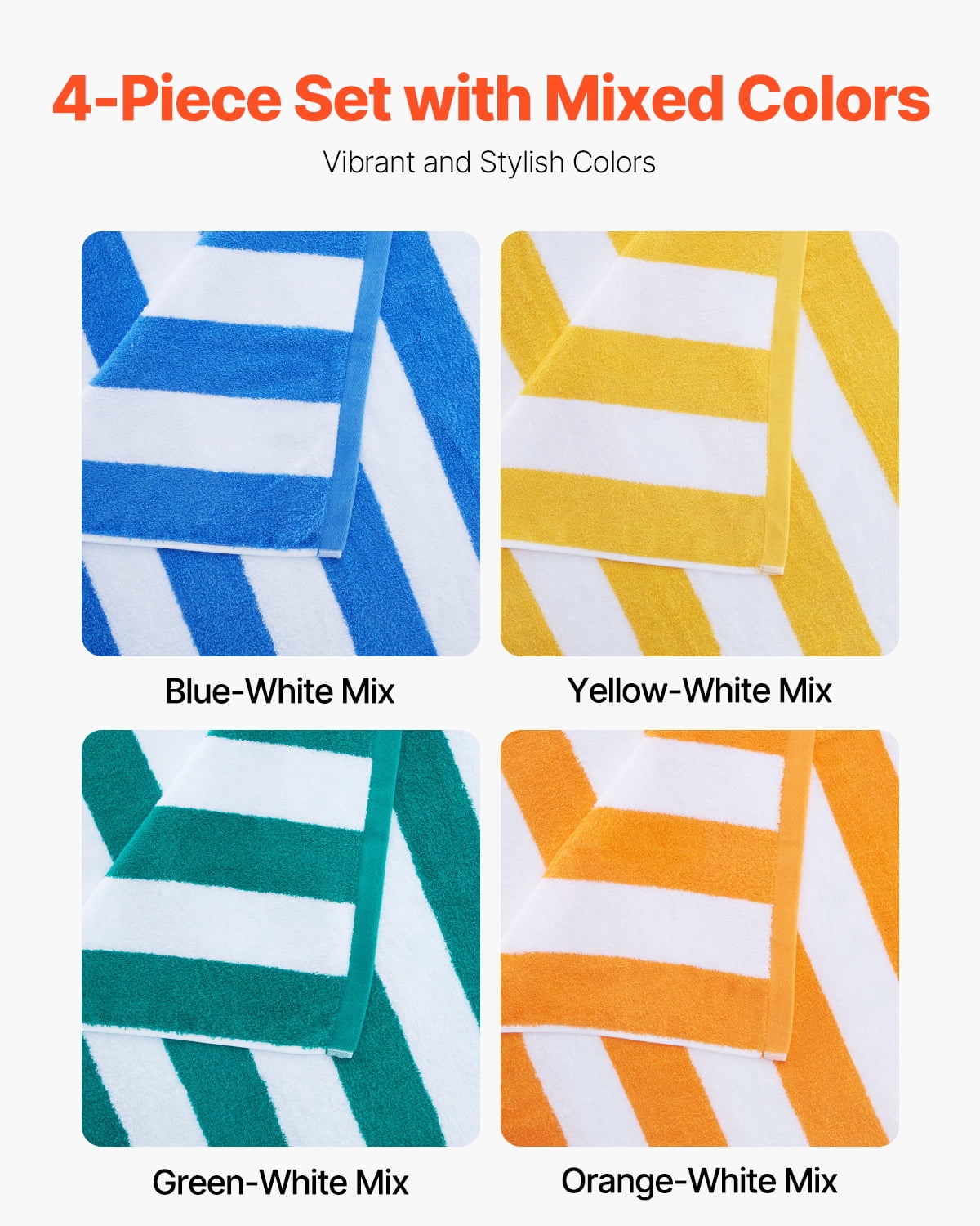 VEVOR Beach Towel, 4 Pack Oversized Beach Towels, 30 x 60 in Cabana Striped Large Pool Towel, 100% Cotton Soft and Quickly Dry Thick Swimming Towels, for Vacation, Swimming, Beaches, and Bathroom