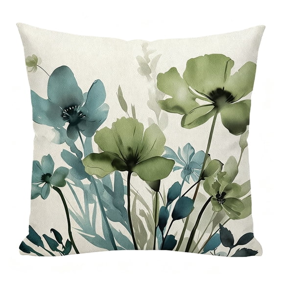 Poppy Flowers Chinoiserie Fall Throw Pillow Cover, Blue Sage Green Seasonal Leaves Cushion Case Decoration for Sofa Couch Farmhouse