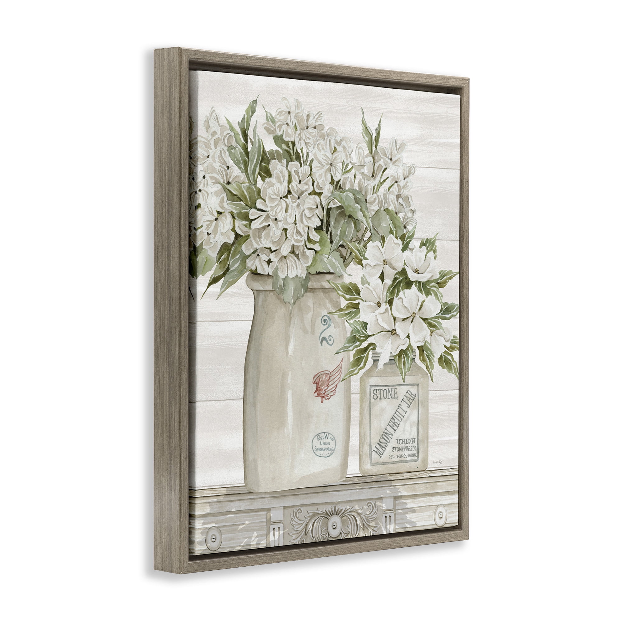 Stupell Industries Alluring White Floral Jars Botanical & Floral Painting Brown Floater Framed Canvas Art Print Wall Art, 17 x 21