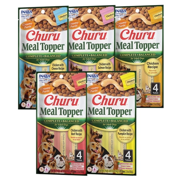 INABA Churu Meal Topper 5 Flavor Variety Creamy Lickable Purée Food Topper for Dogs, 0.5 oz Tubes, 20 Tubes