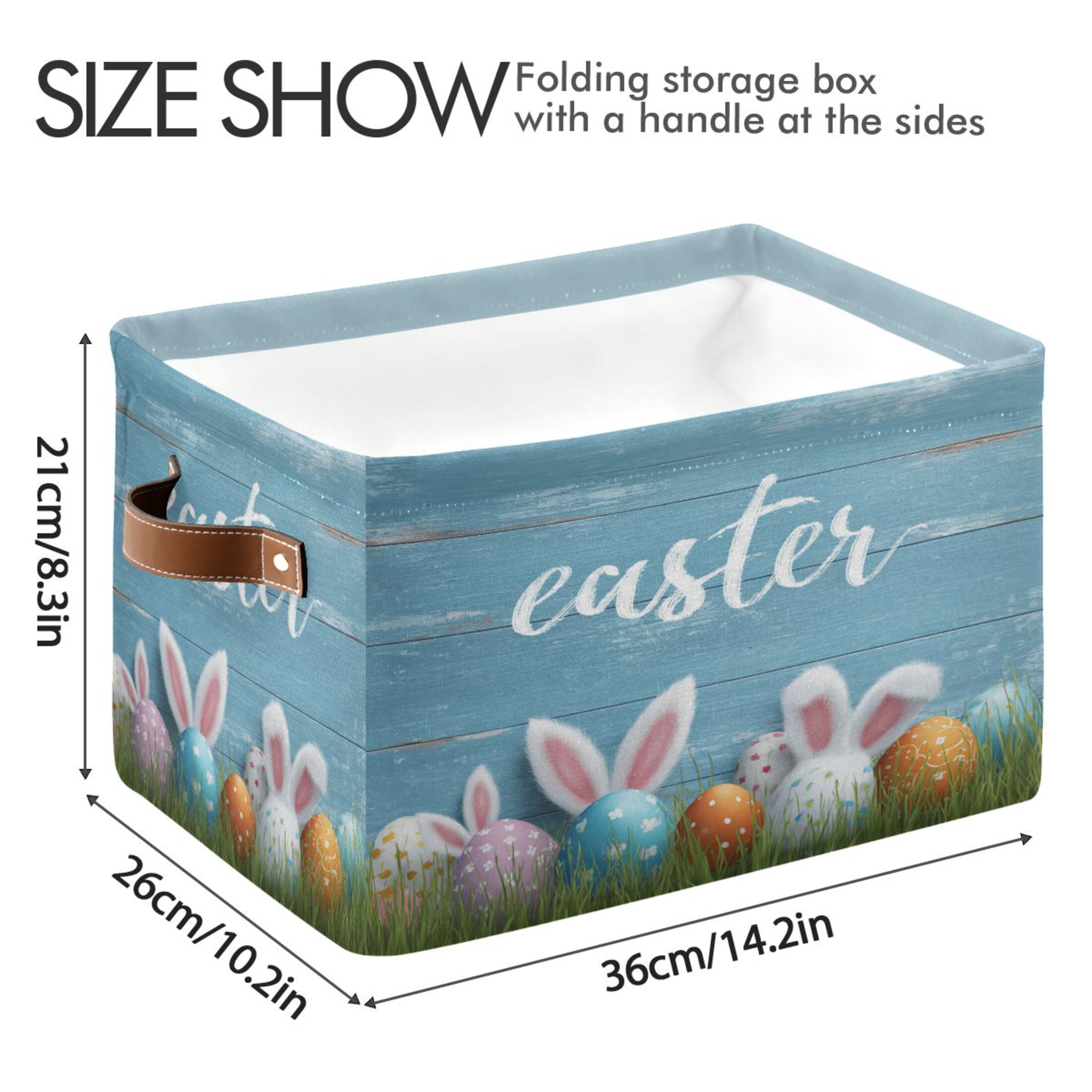 Wobogo Bunny Ear Easter Egg Square Storage Basket Set of 2 with Waterproof Canvas and PE Lining Durable PU Leather Handles 14.2×10.2×8.3in