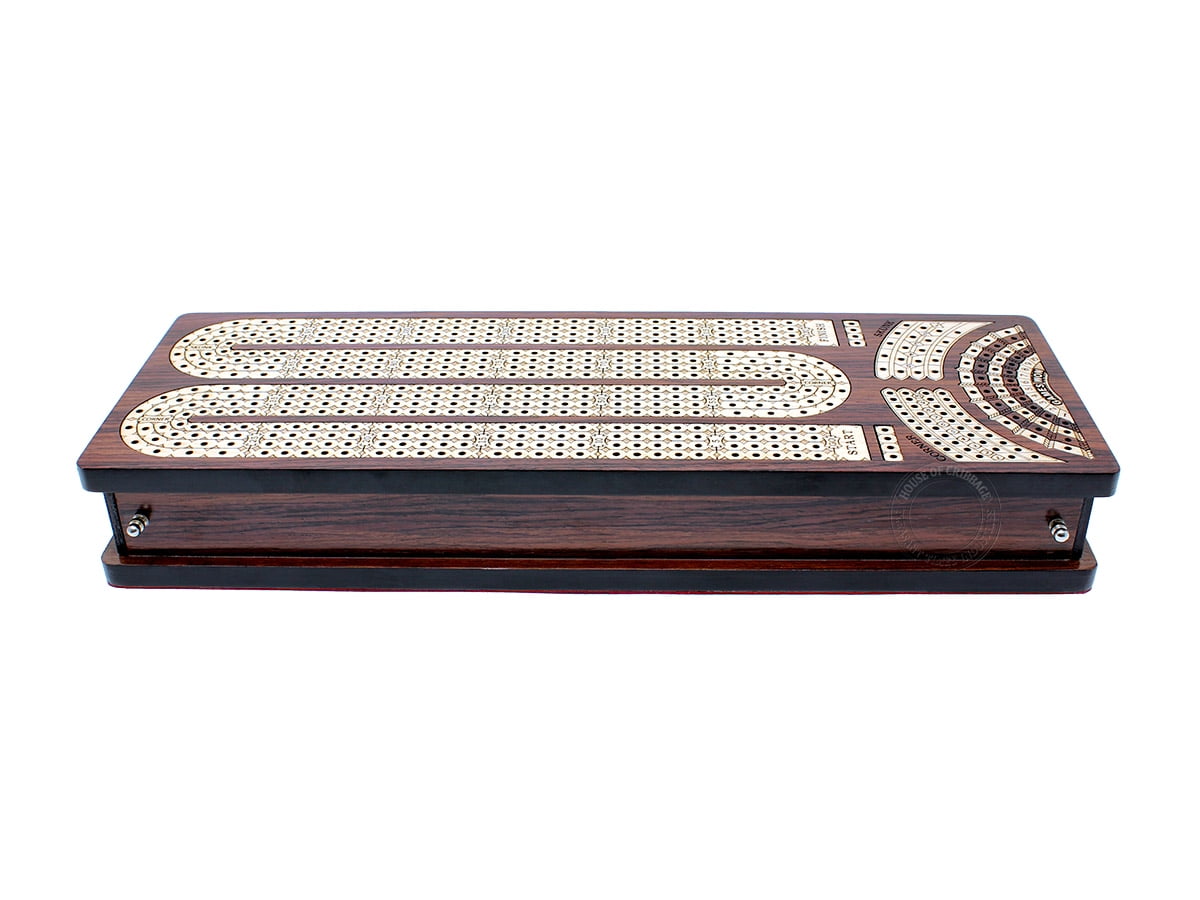 House of Cribbage - Continuous Cribbage Board / Box Inlaid Rosewood / Maple : 4 Track - Side Drawers with Score Marking Fields for Skunks, Corners and Won Games