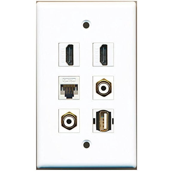 RiteAV - 2 HDMI 2 Port RCA White 1 Port USB A-A 1 Port Cat5e Ethernet White Wall Plate