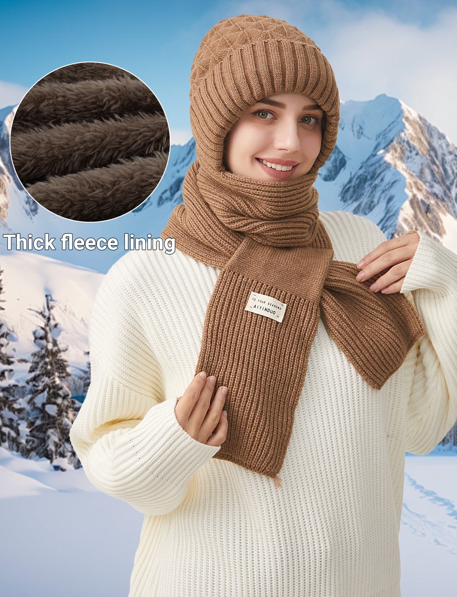 FEOYA Fleece Balaclava Hat Hood Scarf Women Integrated Ear Protection Windproof Cap Scarf One-Piece Hats Scarf Beanie Warm Knitted Ski Scarf Hat Khaki