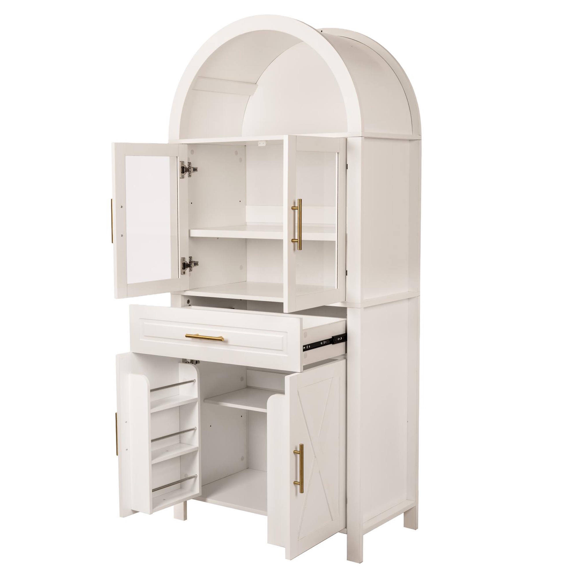 PORKISS Arched Kitchen Pantry Storage Cabinet, 71" Tall Wood Pantry Shelves with 4 Doors, 1 Large Drawer, Adjustable Shelves for Dining Room Living Room, White