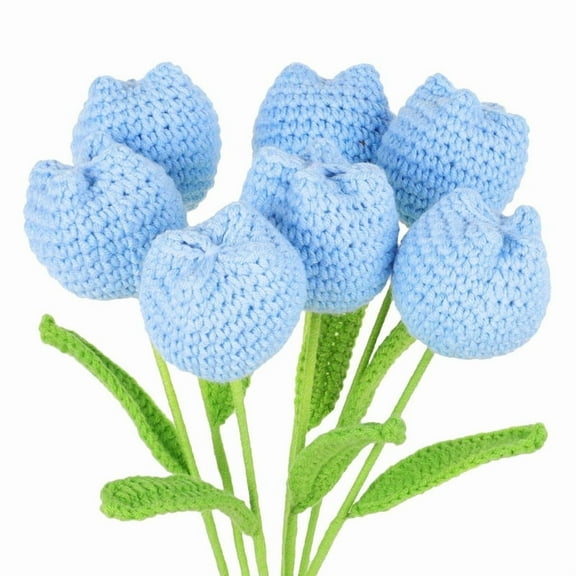 Crochet Tulips Flowers, 7 Pcs Handmade Knitted Flowers Artificial Flowers Finished Crochet Bouquet for Mother's Day Birthday Teacher's Day Gift for Women Home Decor Table Cneterpieces, Blue
