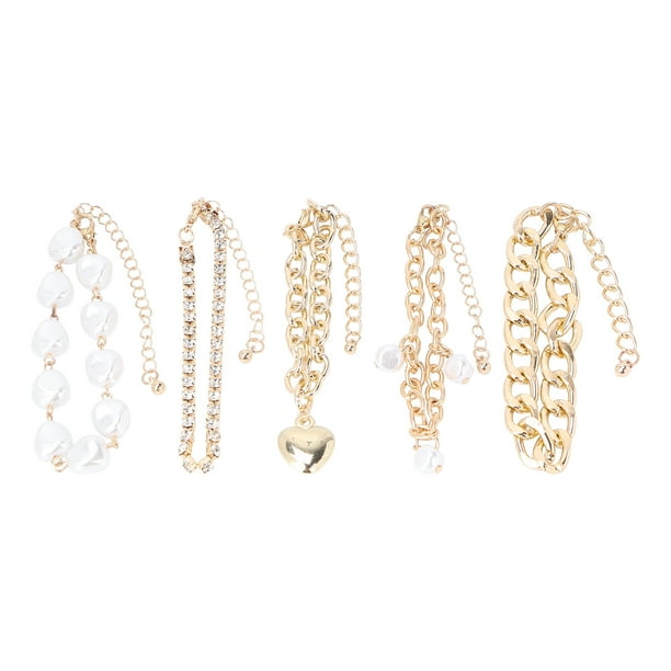 Juego de 5 pulseras elegantes con perlas de imitación y corazón de aleación, ajustables, estilo hip hop, doradas.