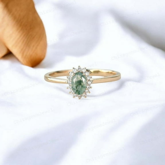 CHIRAGEMSJEWEL 8X6MM/ 1ct Oval Shape Moss Agate Bridal Wedding Ring, Diamond Halo Ring - Art Deco Birthday Gift Ring