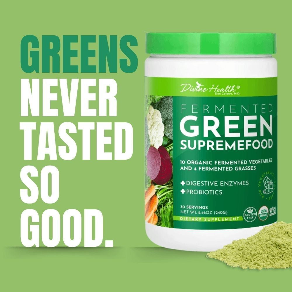 Dr. Colbert MD Fermented Green Supremefood | by Divine Health | 14 USDA Organic & Fermented Vegetables and Grasses | Probiotics | Enzymes | Apple Cinnamon Flavor | 30 Servings | 240g